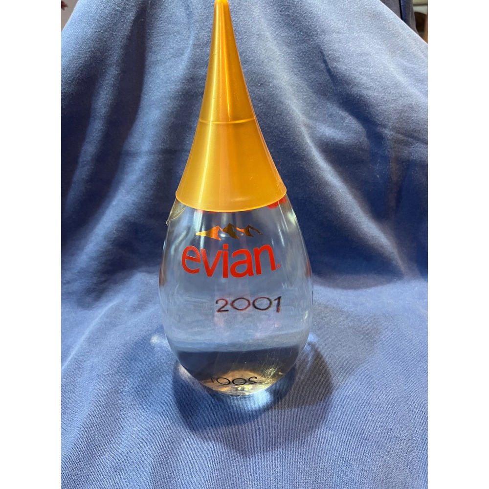 Evian 2001 Limited Edition Millennium Goutte Glass Water Bottle Gold Cap 1L